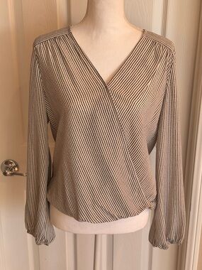 Max Studio Beige and Black Striped Wrap-Front Blouse